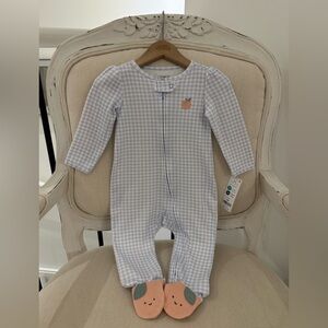 🍑 9 Mth Gingham Puff Sleeve 100% Cotton Baby Footie with Peach Accents NWT